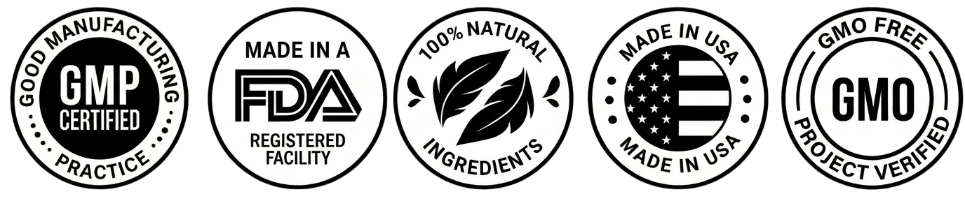 Quality seals — GMP certified, Made in USA, Natural, Non-GMO